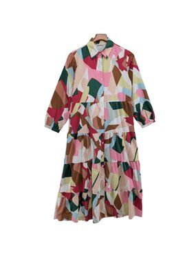 Sunday Up Geometric Maxi Dress Multicolor Long Sleeve Button Front Tiered Size S